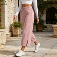thumbnail image 5 of Women's Wide Leg Cropped Pants, High Waisted Loose Pants with Elastic Waist, Side Slit & Pockets, Beach Vacation Summer Wear | VerBelle,Pink M, 5 of 9