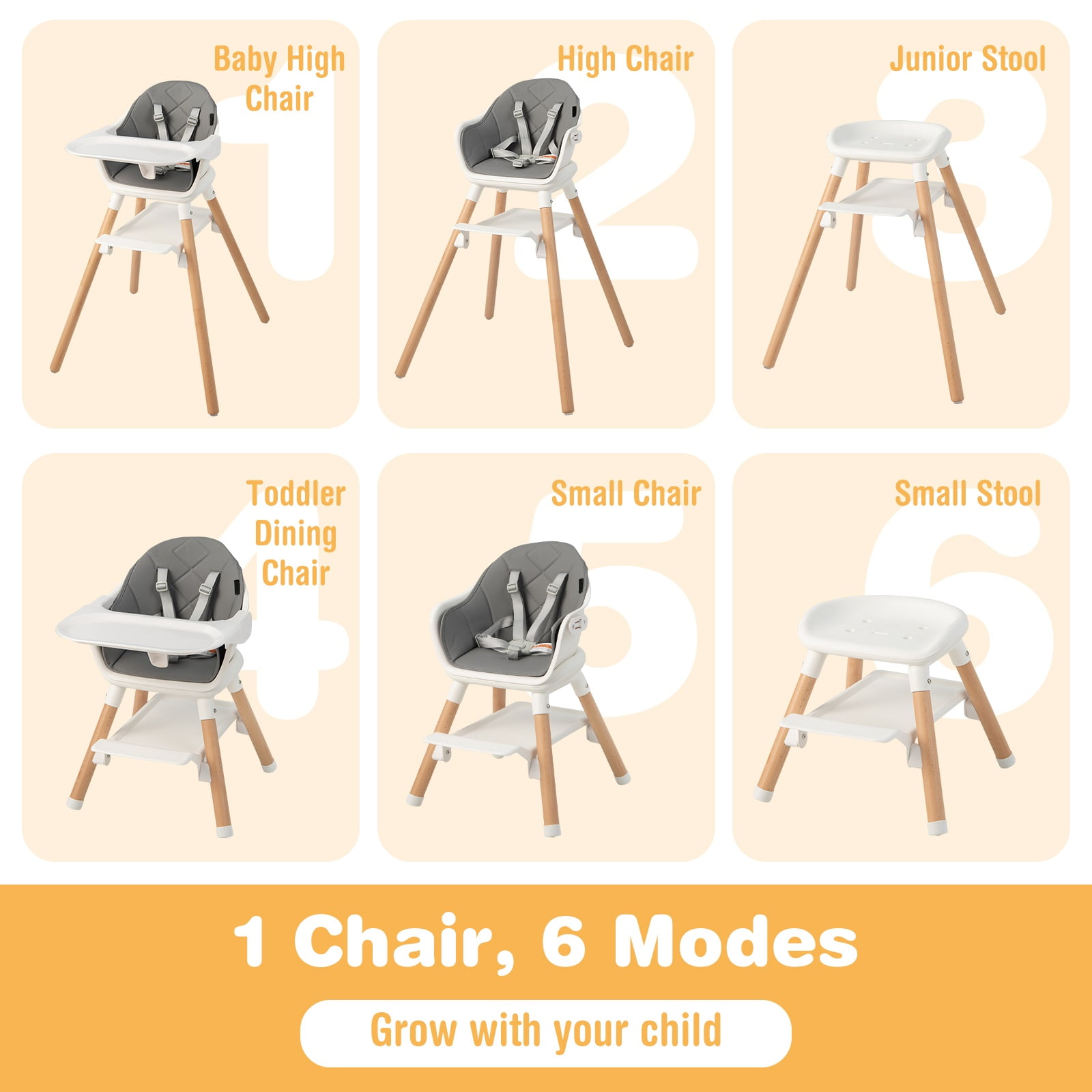 Infans 6-in-1 Convertible Wooden Baby Highchair Infant Feeding Chair w/ Removable Tray