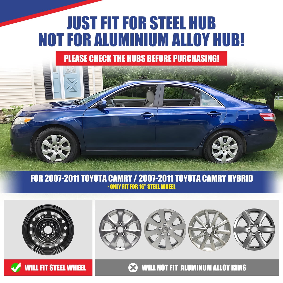 4Pcs/Set Hubcap for 2007-2011 Toyota Camry,16" Wheel Rim Cover for 2007-2011 Camry Hybrid,Compatible with Steel Wheels,Snap on Installation,PP,Lacquer