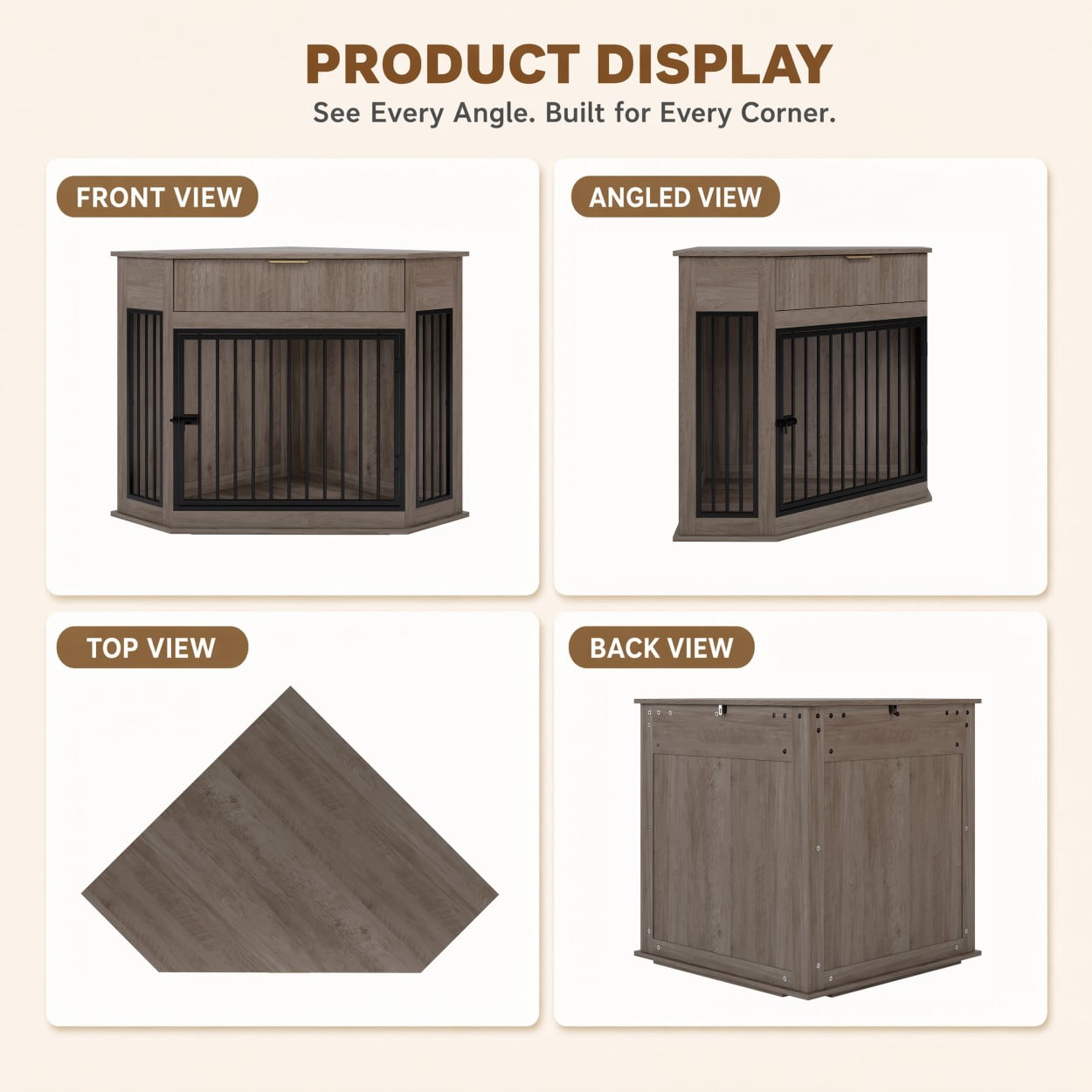 Corner Dog Crate Furniture for Small & Medium Dogs, MDF Kennel End Table with Fluted Drawer Storage, Space-Saving Indoor Dog Cage Cabinet, Grey