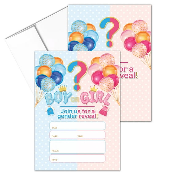Stonehouse Collection Gender Reveal Party Invitations, Blue and Pink Balloons De