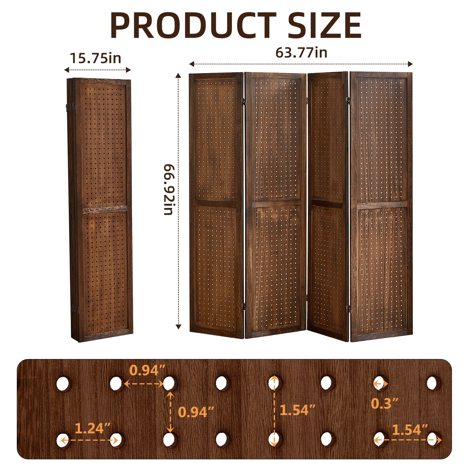 Aletheiawu 4 Panel Display with 16 Hooks, Wood Room Divider Wall, No Installation, Dark Brown