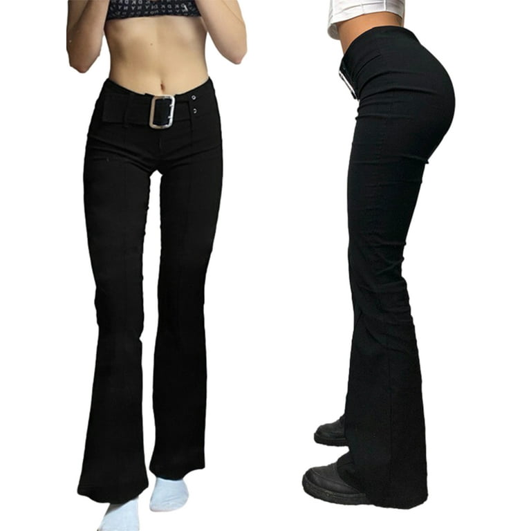 Indie Aesthetics E-Girl Vintage Trousers Low Waist Flare Pants Slim Fit  Pockets Fashion Pants Streetwear(Y2k Black,S)