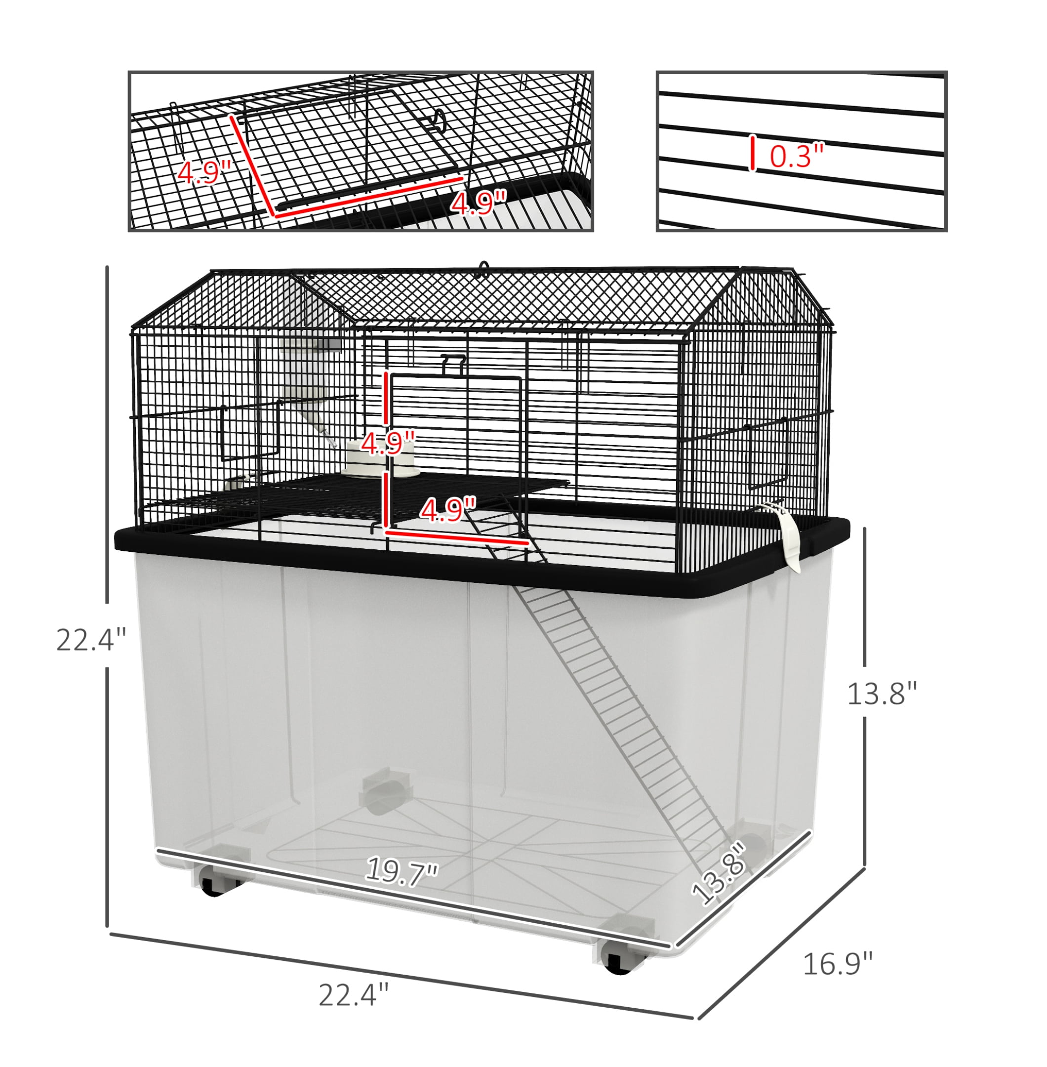 22" Hamster Cage 2-Tier Small Animal Habitat, Black - with Ramp, Water Bottle & Food Dish