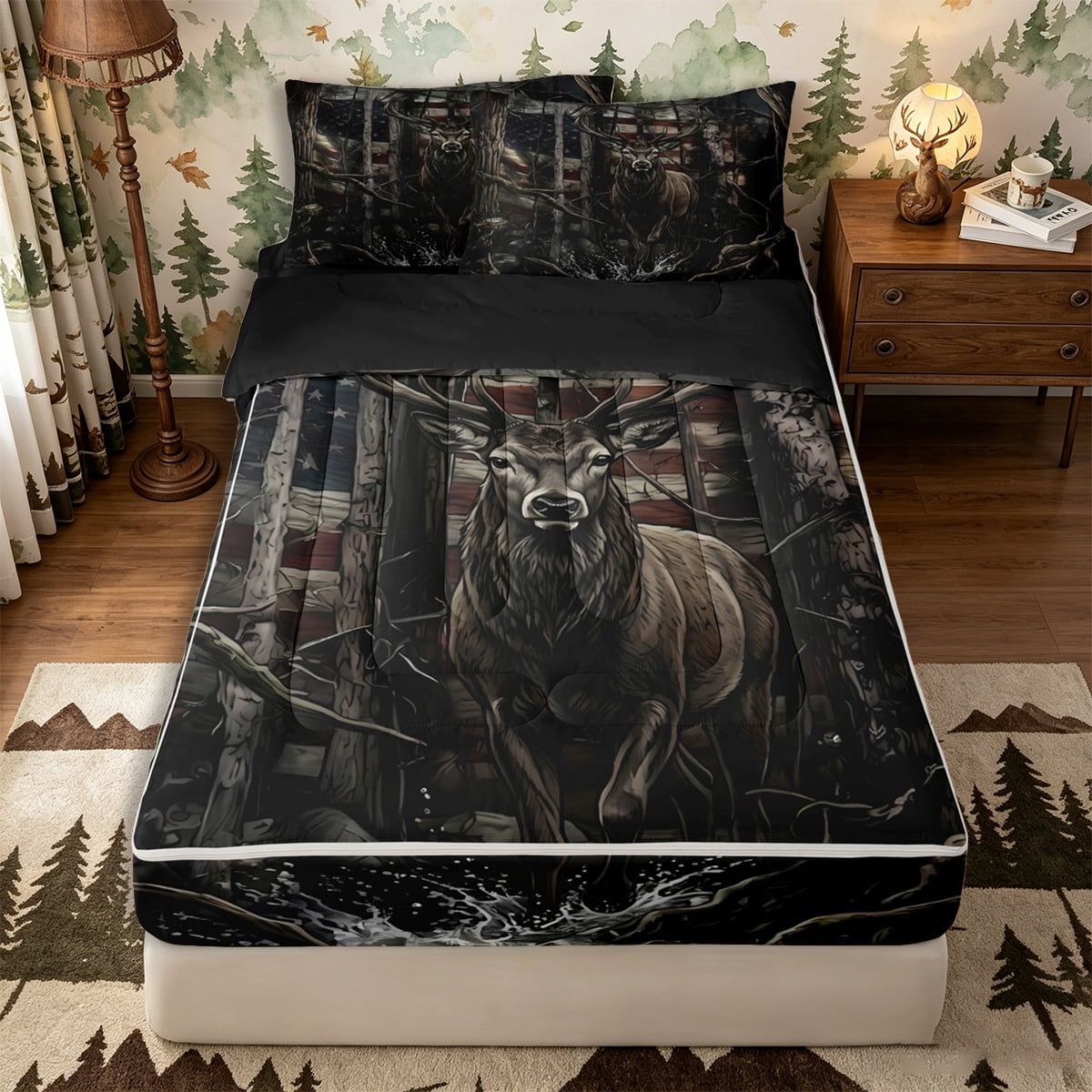 Castle Fairy Teens American Flag Elk Zipper Full Size Comforter Sets with Fitted Sheet and 2 Pillowcases Watercolor Vintage Branches Zipper Bedding Set Brown Black Black Reversible 4pcs