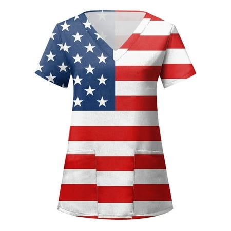 

Scrubs Top Uniform Nurses Clothing Workwear Women Independence Day Printed Daily Summer V-Neck Tops American 4th Of July Short Sleeve Workout Shirts Casual Loose Tees Simple Streetwear