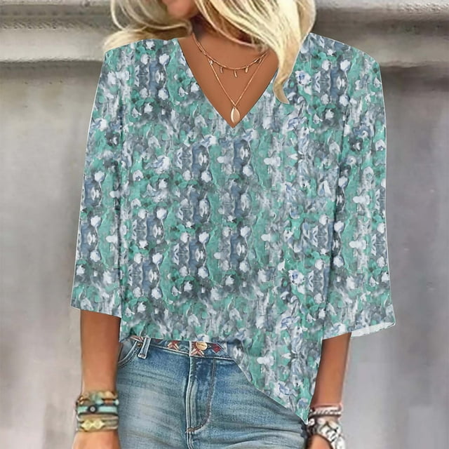Fiudx Camisas de Mujer Blusa de Manga Larga de Verano con Cuello En V para Mujer, Sexy, Casual, con Estampado Regular