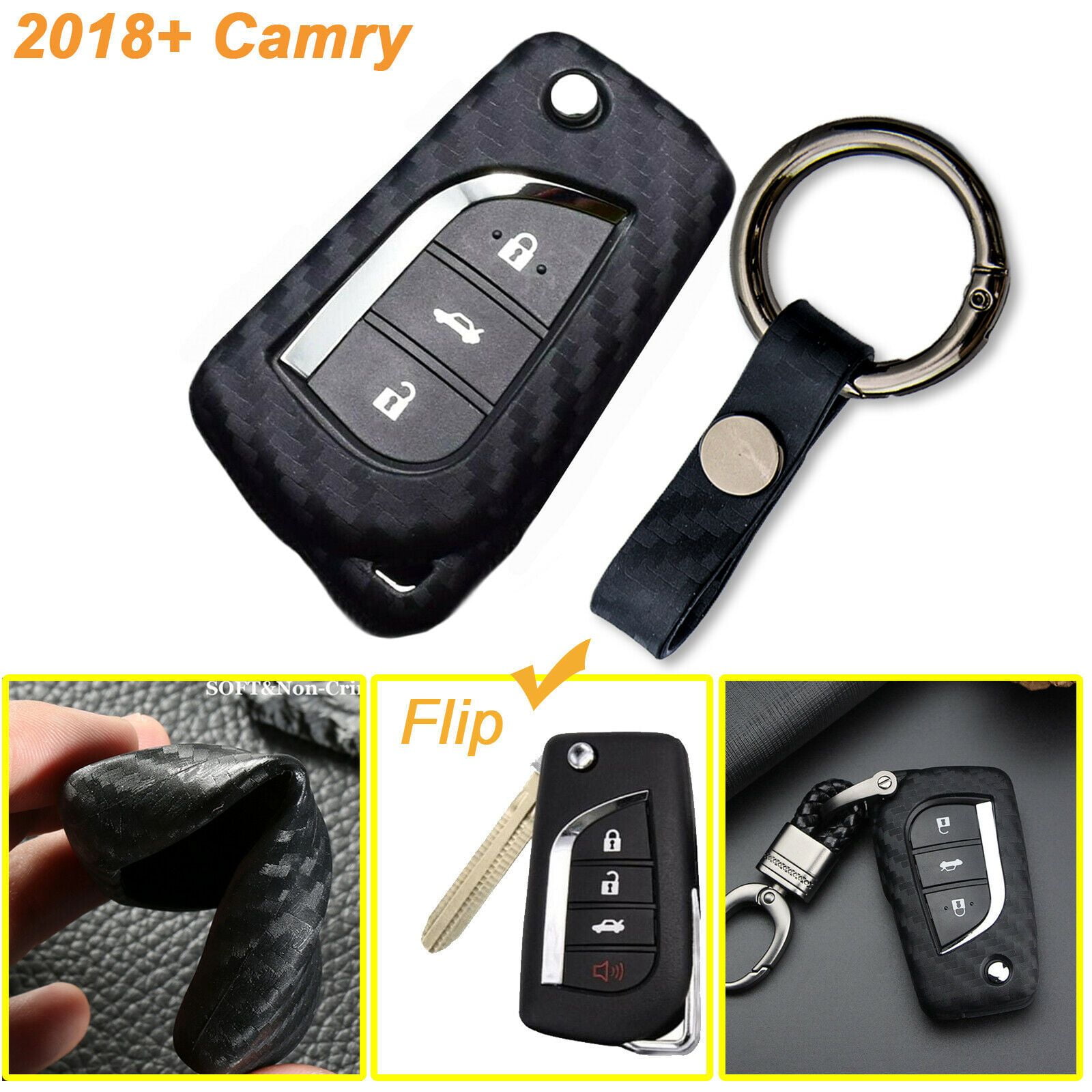 Carbon Fiber Shell+Silicone Cover Remote Key Holder Fob Case For Toyota Camry 
