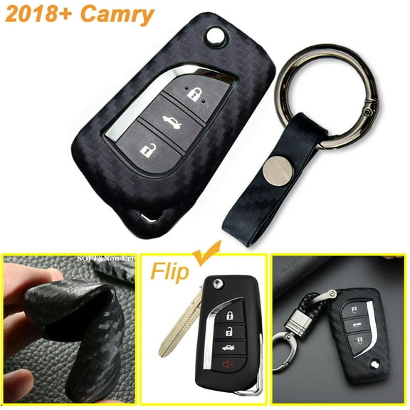 Xotic Tech Carbon Fiber Grain Soft Silicone Key Fob Cover Case with Keychain for Toyota Camry 2018-up Flip Blade Key Remote