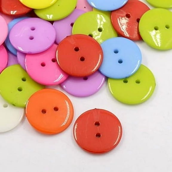 100Pcs Acrylic Sewing Buttons Plastic Buttons for Costume Design 2-Hole Dyed Flat Round Mixed Color 15x2mm Hole 1mm