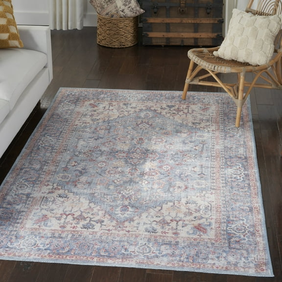 Nicole Curtis Machine Washable Traditional Boho Blue/Multi 4' x 6' Area Rug, (4' x 6')