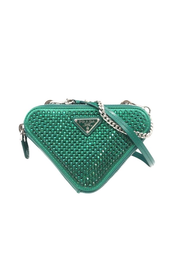 Pre-Owned PRADA Prada Jeweled Leather Triangle Mini Pouch, Green (1NR015), 2-Way Shoulder Bag,...