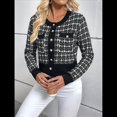thumbnail image 4 of Blazer de A Cuadros para Mujer, Elegante, Informal, con Botones Al Frente, Cuello Redondo, Larga, Tejido Texturizado Negro L, 4 of 10