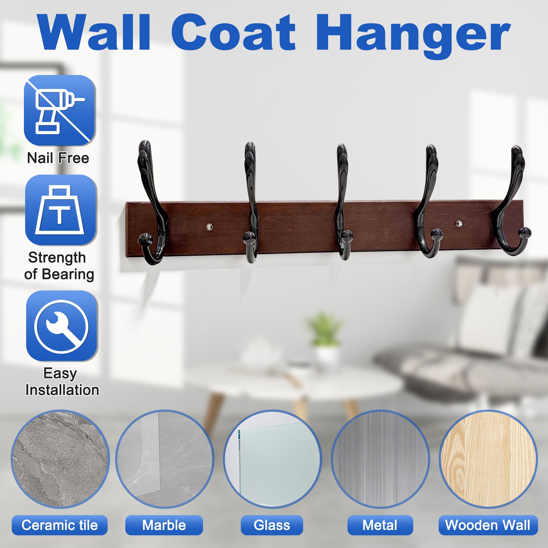 2 Pack Wall Mount Coat Hook Rack, Wooden Coat Rack with 5 Double Metal Hooks, Heavy Duty Entryway Hat Bag Towel Hanger for Bedroom Closet, Entryway Organizer for Coats, Hats, Bags and Umbrellas