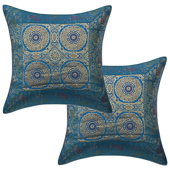 Stylo Culture Ethnic Decorative Throw Pillow Covers 16x16 Jacquard Turquoise Square 40 x 40 cm Home Decor Brocade Floral Mandala Zippered Cushion Covers | Set Of 2
