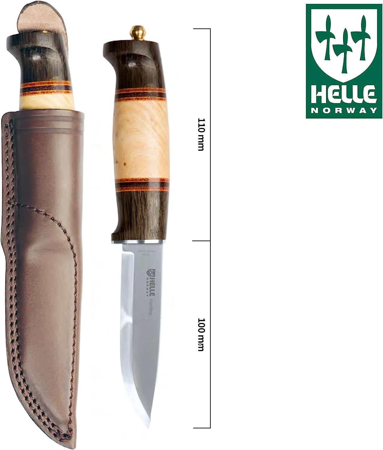 HELLE Knives - Harding - Men's Field Knife for Hunting, Camping, Outdoor, Fixed Blade with Darkened Oak, Curly Birch & Leather Handle, Scandi Grind - Leather Sheath