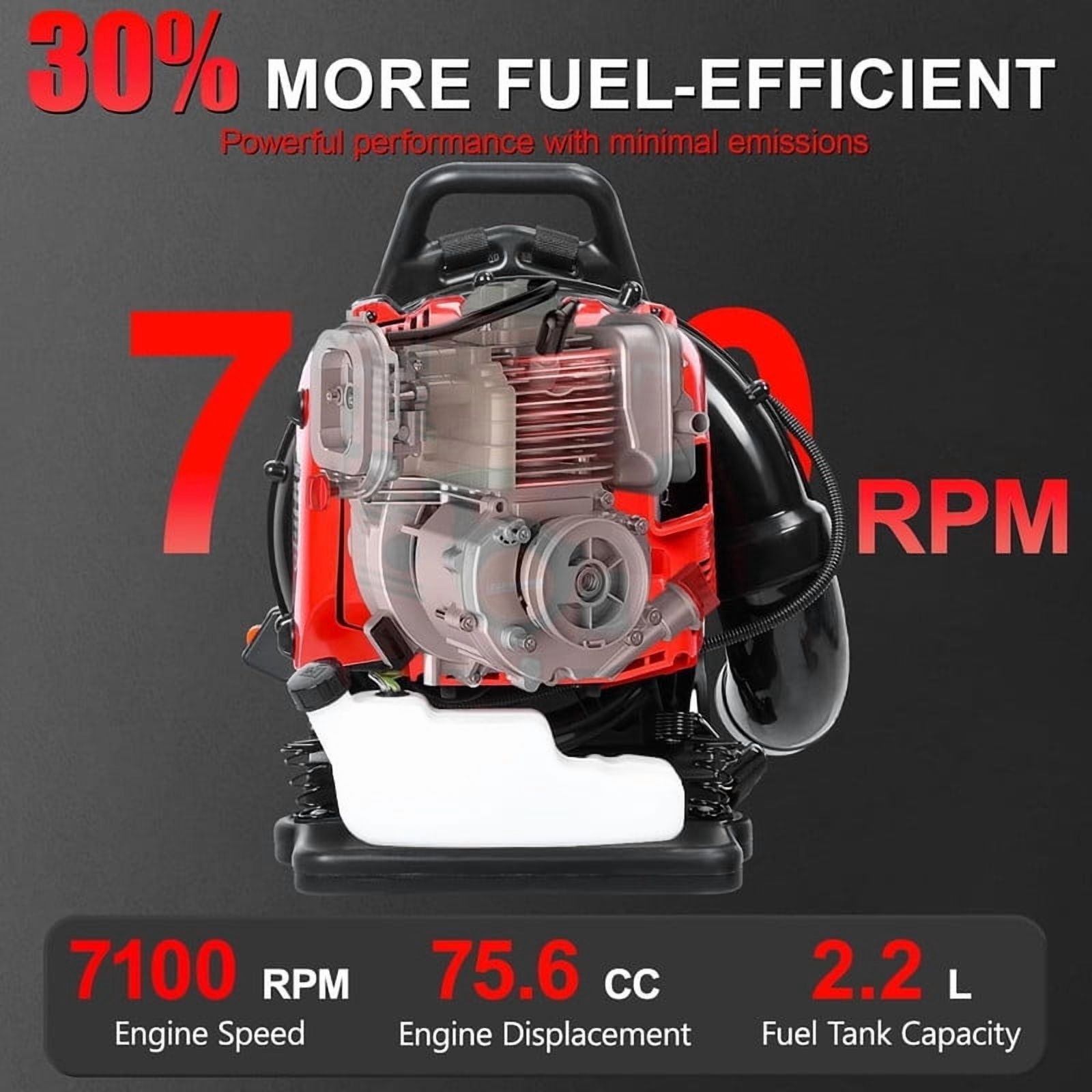 75.6CC Gas Backpack Leaf Blower, 4-Stroke 900 CFM 210 MPH Gas Powered Engine, Low Vibration and Ergonomic Design with Cruise Control for Outdoor GardenYard Cleaning and Snow Removal
