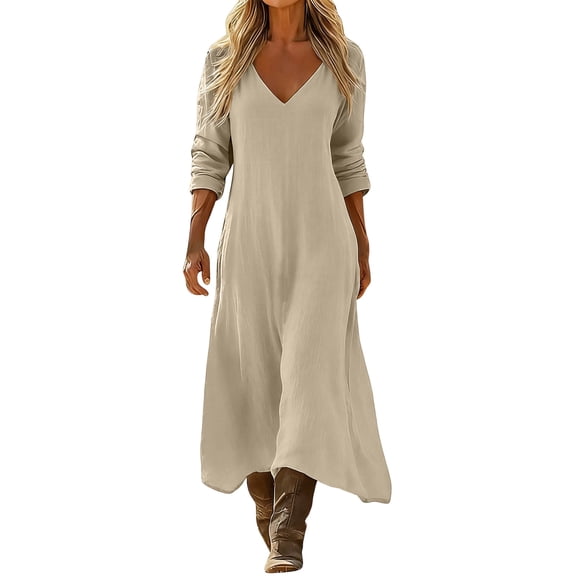 CHGBMOK Dresses for Women Casual 3/4 Length Sleeve Maxi Dress V Neck Beach Vacation Dress
