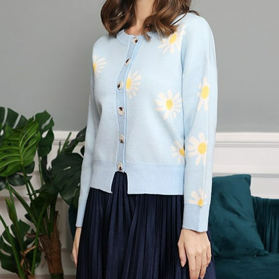 AOOCHASLIY Black and Friday Women Coat Christmas Gift Fashion Women Casual Floral Printed Long Sleeve Knitted Cardigan Sweater Coat