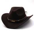 thumbnail image 1 of Sombrero de vaquero con cinturón de hojas de metal, sombrero de copa de lana para otoño e invierno, sombrero de fieltro de jazz con borde grande, 6 colores, 1 of 6
