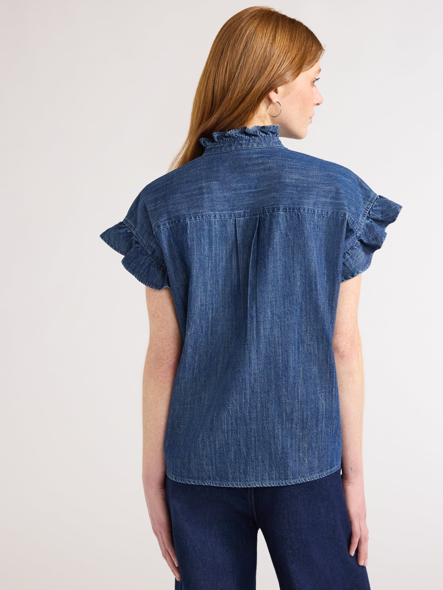 Free Assembly Women's and Women's Plus Ruffle Trim Neck Top with Short Sleeves, Sizes XS-4X