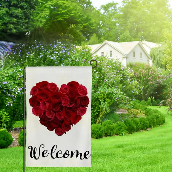 PHYHOO Valentines Day House Flag Vertical Double Sided Valentine Rose Heart Welcome Flag for Outside Yard Anniversary Wedding Farmhouse Décor 12x18in