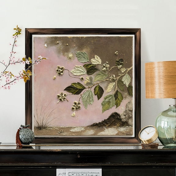 8x8 Inch Framed Square Wood Wall Art, Botanical Branch with Berries Painting, Mixed Media Style Textured Art for Living Room Bedroom Home Office Decor, 1pc