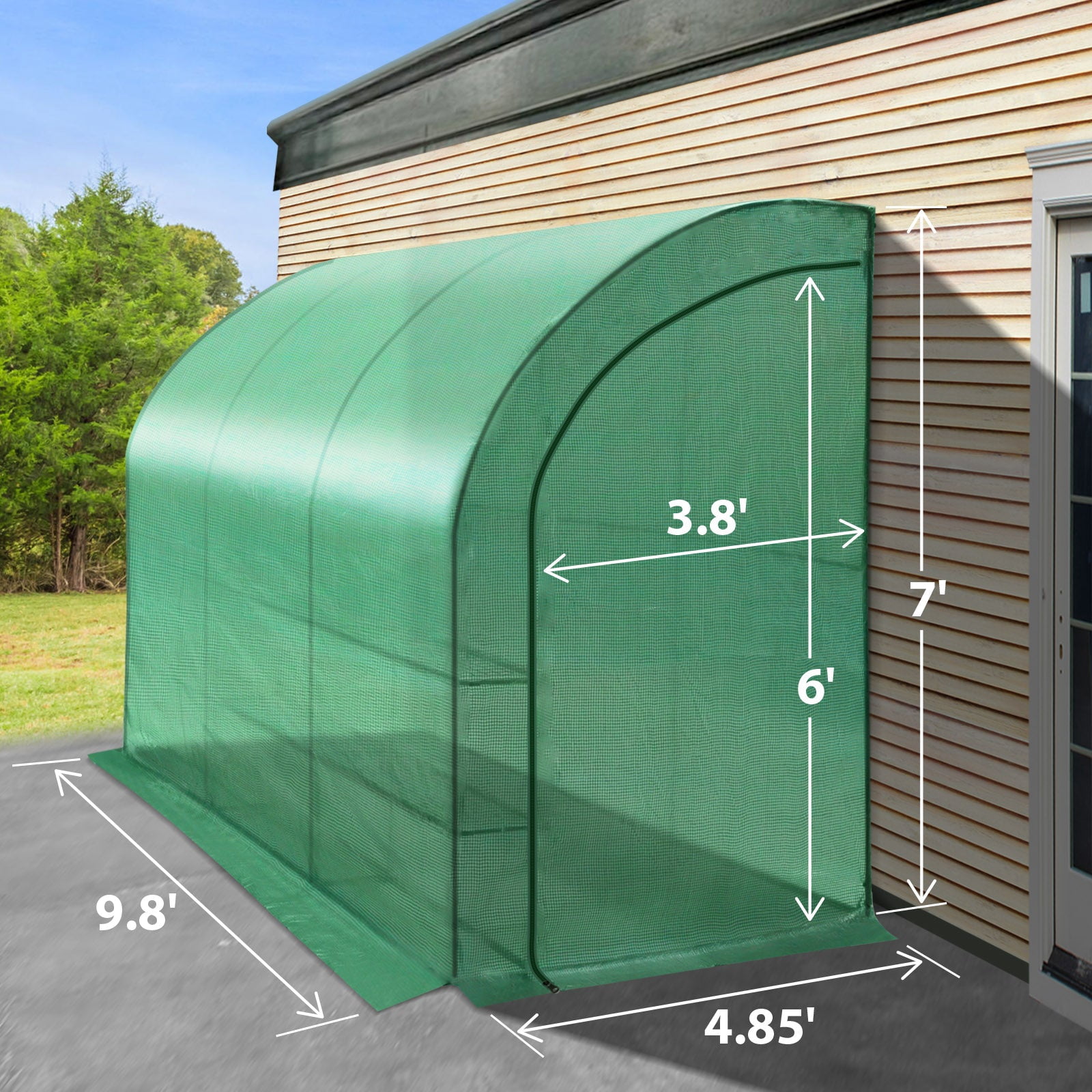 SUNRISEUMBRELLA 10x5x7'H Lean to Walk-in Wall Greenhouse Outdoor Waterproof Hot House w 3 Tiers/6 Shelves Gardening (Green, 1 Door)