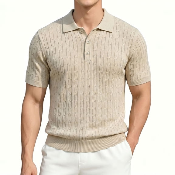JULMCOMO Cable Knit Polo Shirts for Men Collared Rib Cuff Short Sleeve Regular Fit Casual Summer Golf Shirt Khaki 2XL