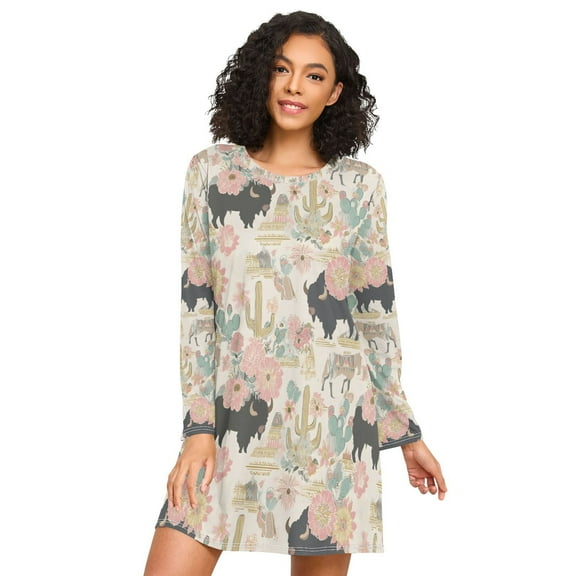 FORMRS Womens Long Sleeve Nightgowns Crew Neck Sleep Shirt Soft Pajamas Sizes S-3XL, West Wild Pattern