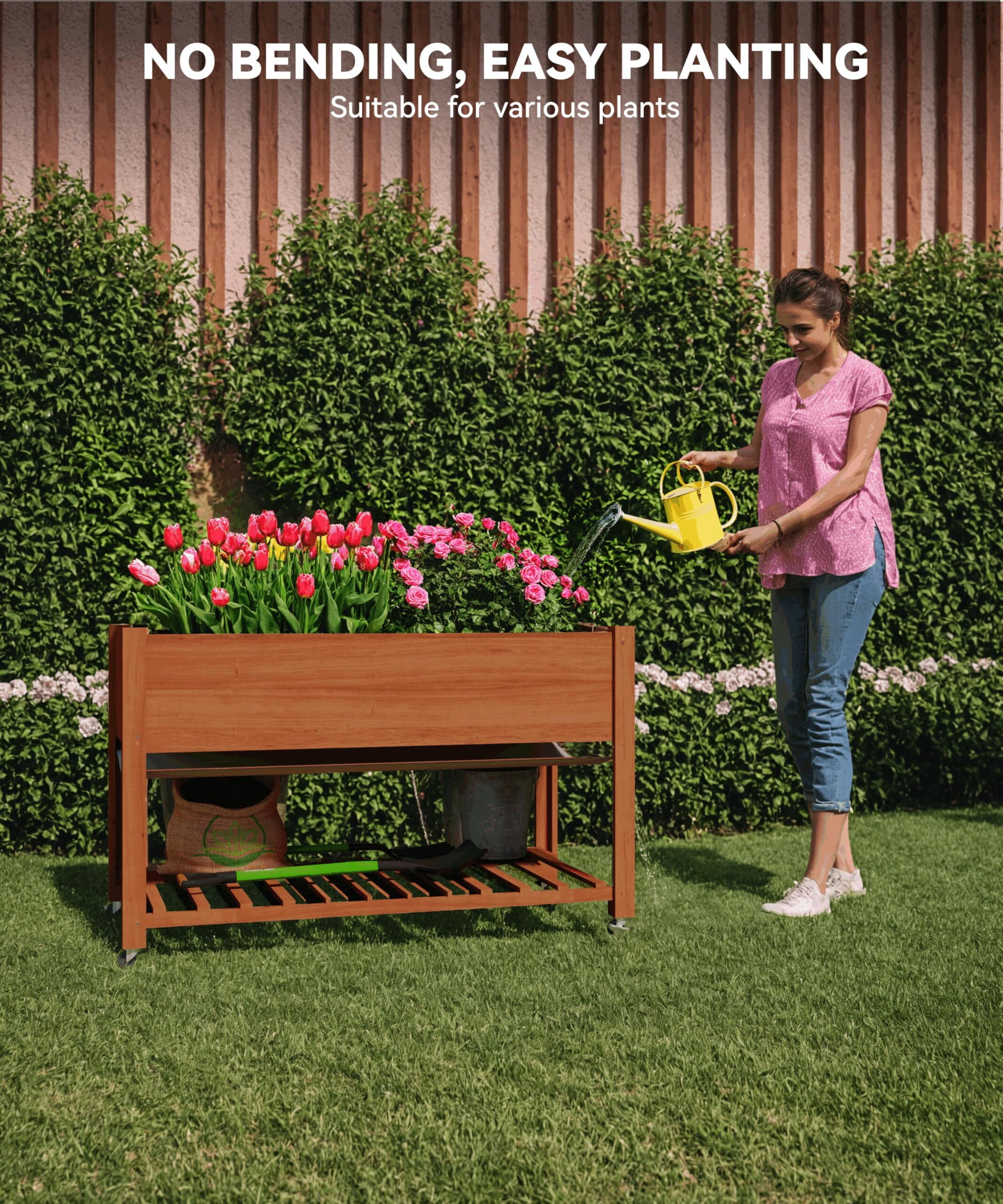 RIEDHOFF Raised Garden Bed Elevated with Wheels 48x24x30in Cedar Wood Acorn Brown