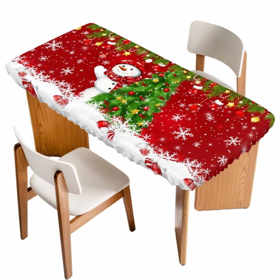 Christmas Table Cloths for 3 Foot Rectangle Tables, Winter Snowman Pine Tree Branches Balls Snowy Patio Waterproof Elastic Fitted Tablecloths, Washable Rectangular Table Cover for Camping