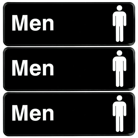 Excello Global Products Easy to Mount 9 by 3 in Informative Plastic Men Restroom Sign with Symbols, Black, Pack of 3 - EGP-HD-0251