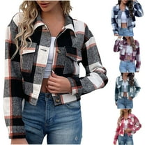 Nfurl Womens Fashion Checked Crop Jackets Casual Long Sleeve Bomber Jacket with Chest Pockets Fitted Button Down Collar Coat Fall Outfits Dark Blue M