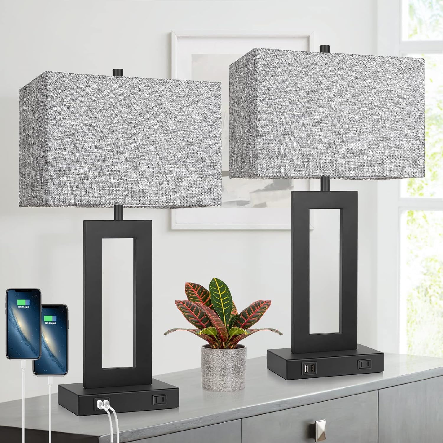 Nordic Hygge Set of 2 Touch Control Dimmable Table Lamp with 2 USB Ports, Grey Shade