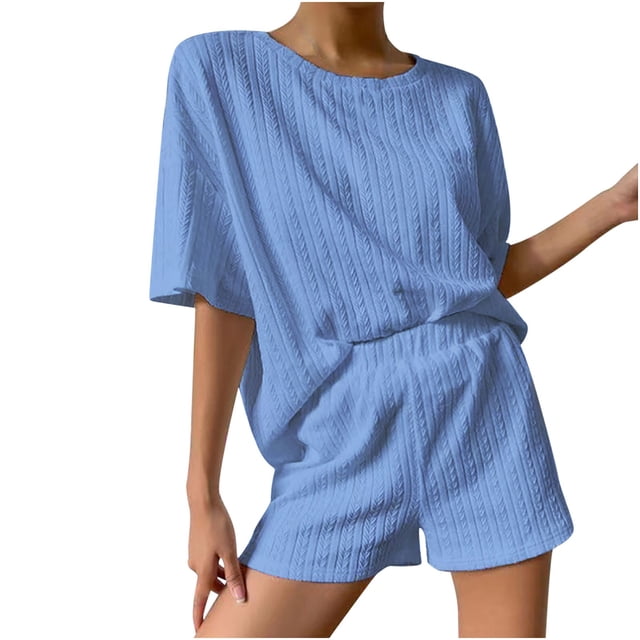 Hauts d'Été pour Femmes Coupe Ample Hauts d'Été Décontractés Confortables Version Ample Col Ras du Cou Ensemble Deux Pièces Ensemble 2 Pcs pour Femmes Été