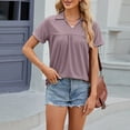 thumbnail image 2 of HAPIMO Women's Trendy Loose Tops Dressy Tunic Summer Tees Short Sleeve Lapel V Neck Pullover Elegant Casual Relaxed Blouses for Teen Girls Solid Color Ruched Purple M, 2 of 7