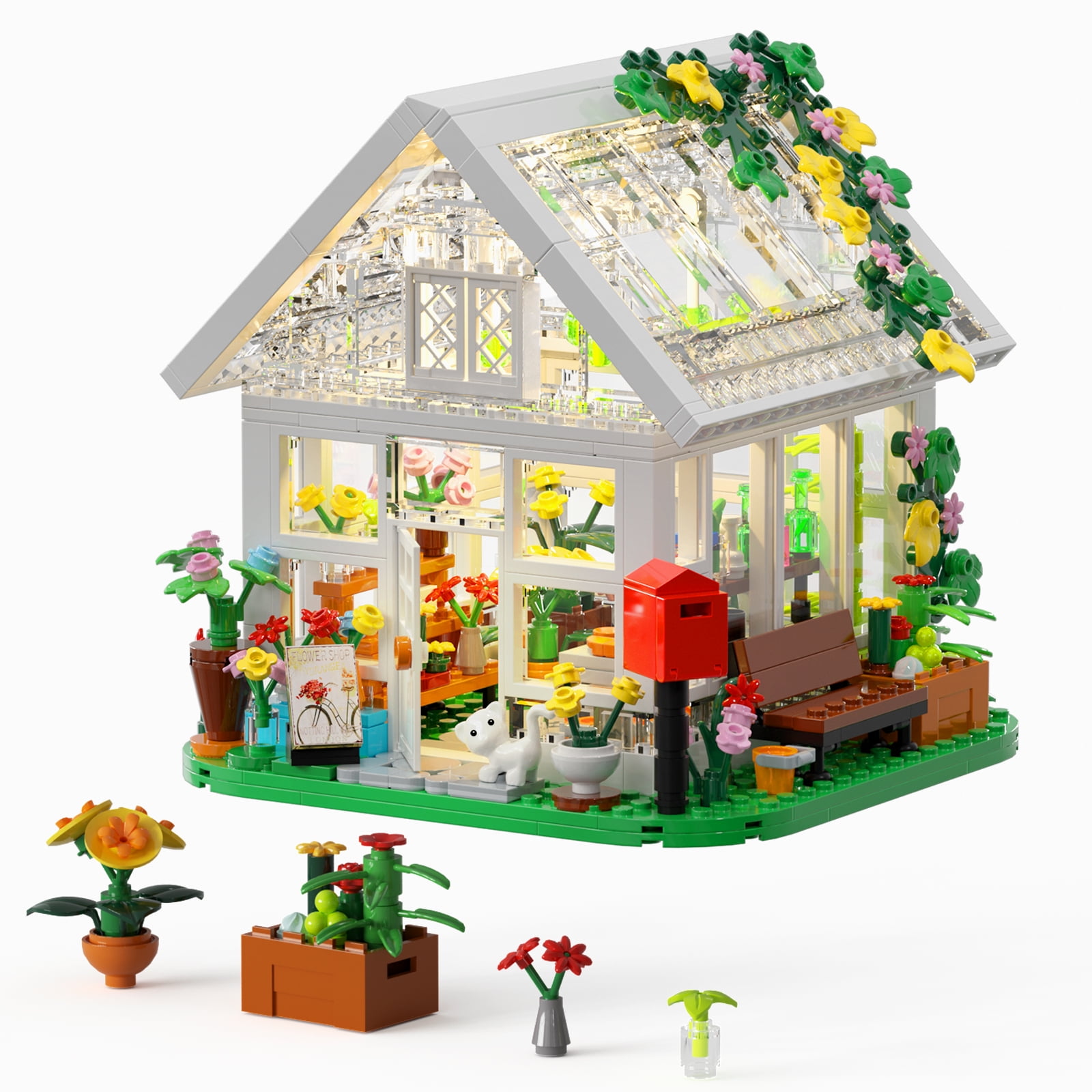 Flower House Building Set Garden House Building Toy with LED Light Build a Greenhouse Model Graduation Gift for Friends Girls (597pcs)