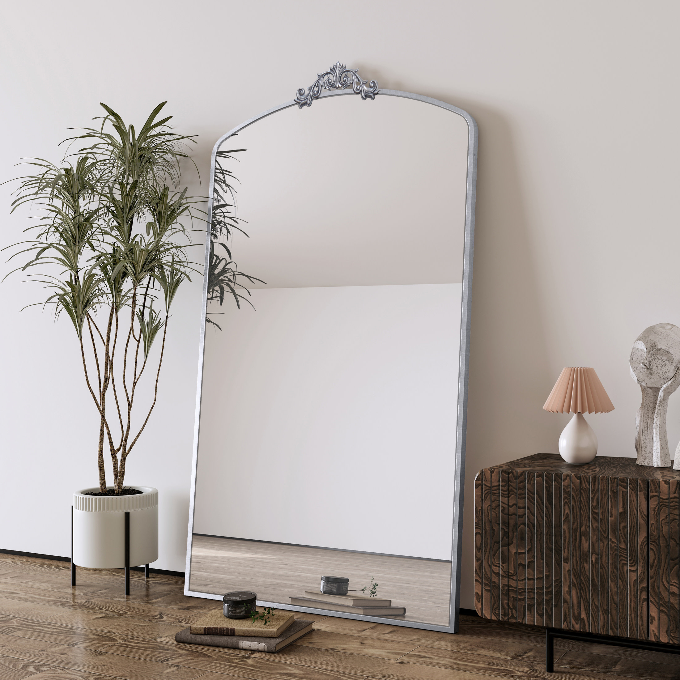 Noble House 36" Vintage Ornate Arched Full Length Floor Mirror, Oversized Metal Frame Dressing Mirror, Antique Silver