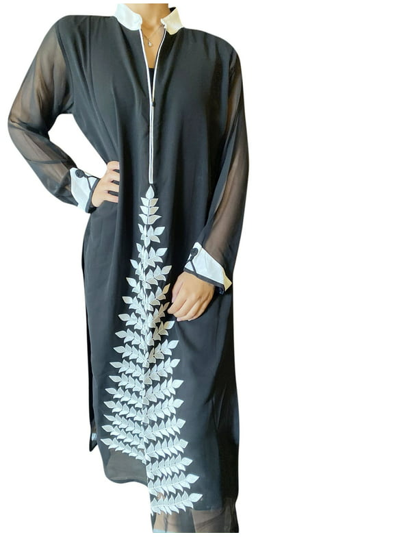 Mogul Women Black Long Tunic Dress Georgette Long Sleeves Beautiful Beach Cover Up Dresses M