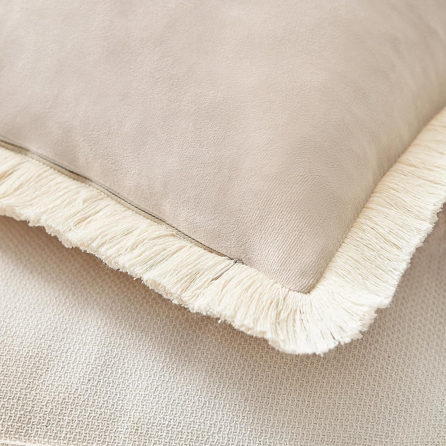 Yumcute Pillow Covers 16x16 Set of 2 Beige Throw Pillow Covers with Fringe Chic Cotton Decorative Pillows Square Cushion Covers for Sofa Couch Bed Boho Decor