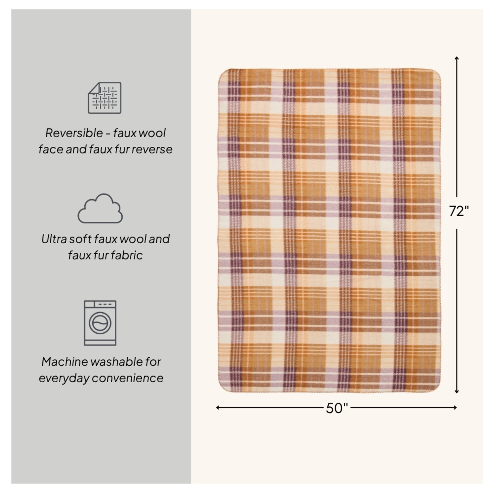 Better Homes & Gardens Almond Plaid Faux Wool Reverse to Faux Fur Throw, 50" x 72"