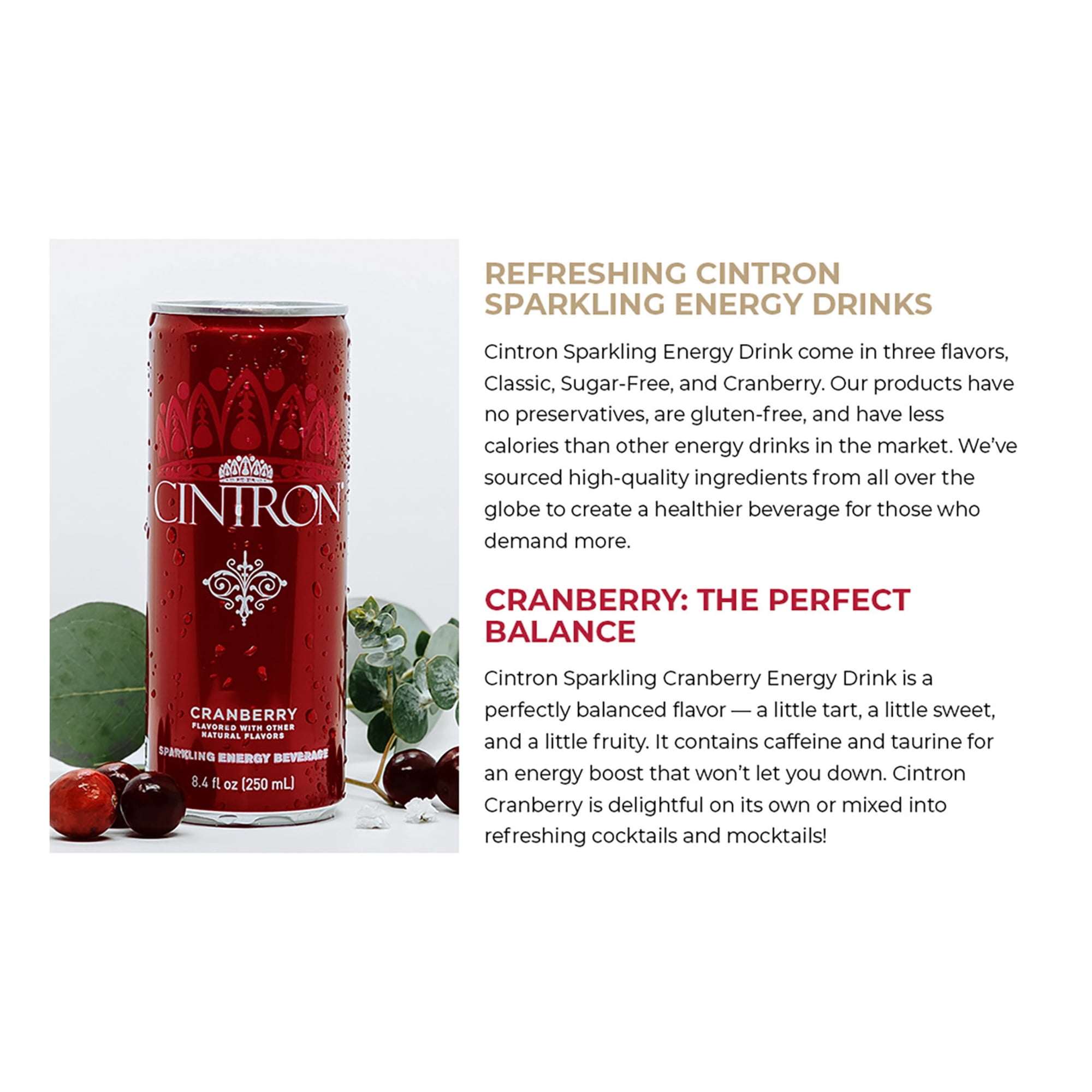 Cintron Sparkling Cranberry Caffeinated Energy Drink 6PK- Healthy Alternative W/ Less Calories