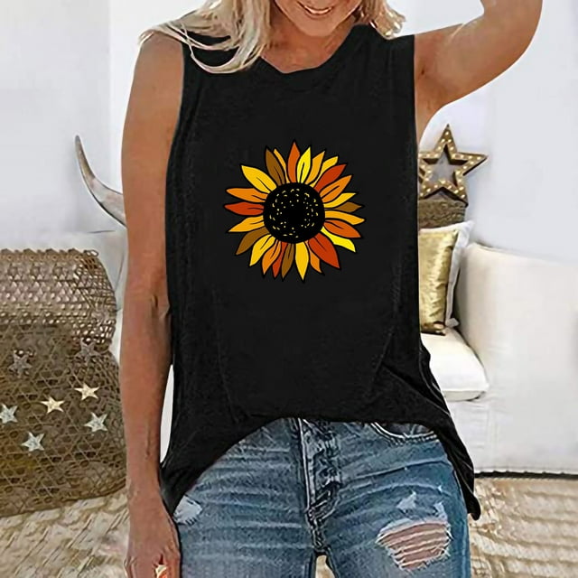 CEHVOM Womens Tank Tops Casual Loose Fit Plus Size Sunflower Printed Tee Shirts