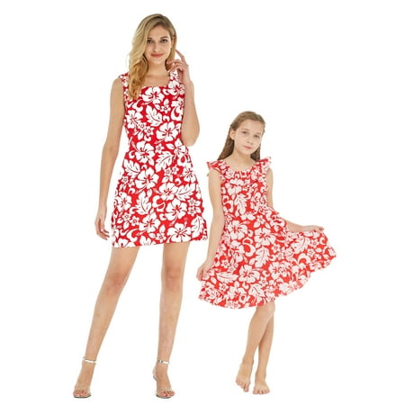 

Matching Hawaiian Luau Mother Daughter Wrap Dresses in Classic Red Hibiscus