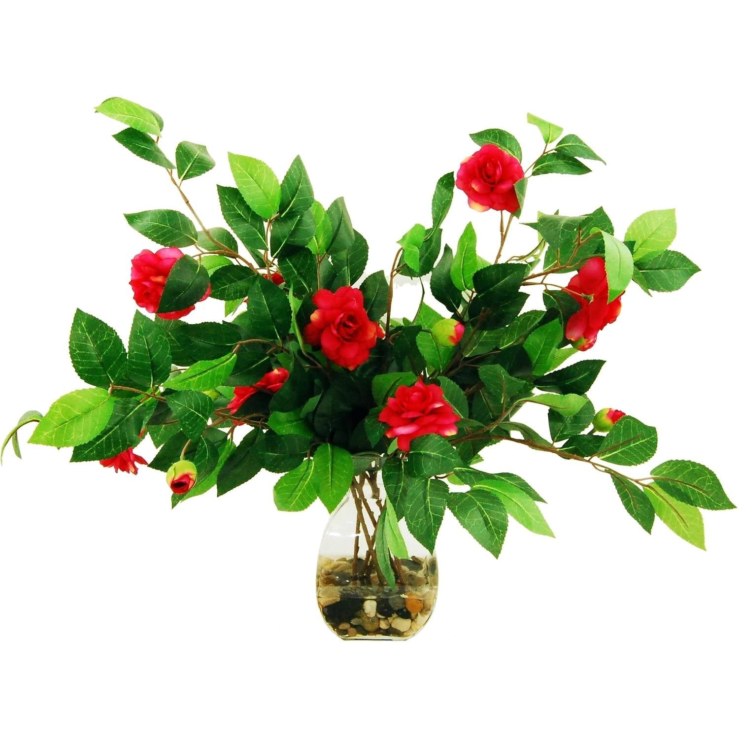 22" Artificial Camellias in a Glass Vase with River Rocks and Acrylic