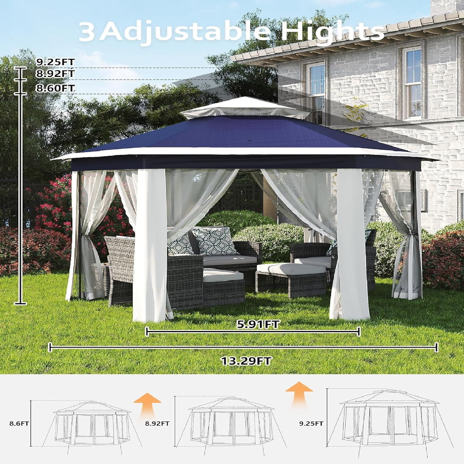 Telyswee 13'x13' Pop-up Gazebo 6 Sided Outside Patio Gazebo Outdoor Gazebo Canopy with Mosquito Netting Patio Tent Backyard Canopy with 3 Adjustable Height and 112 Square ft of Shade