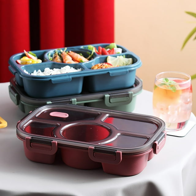 Recipiente de comida de plástico para fiambreras 3 compartimentos | Seguro para microondas a prueba de fugas | Incluye cuchara y palillos | Portavajillas portátil | Rojo, Azul Verde | Tapa de cierre
