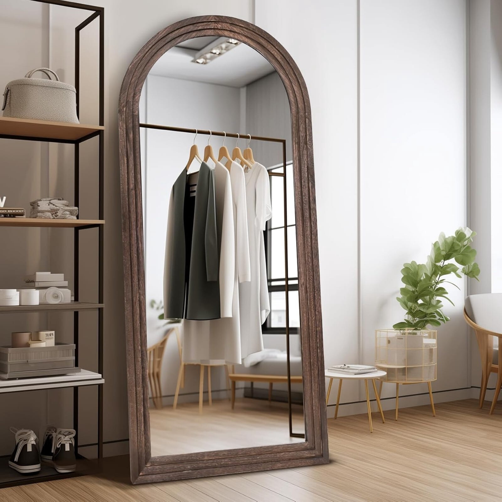 BEAUTYPEAK 71"x30"Wooden Arched Full Length Mirror with Stand,Walnut