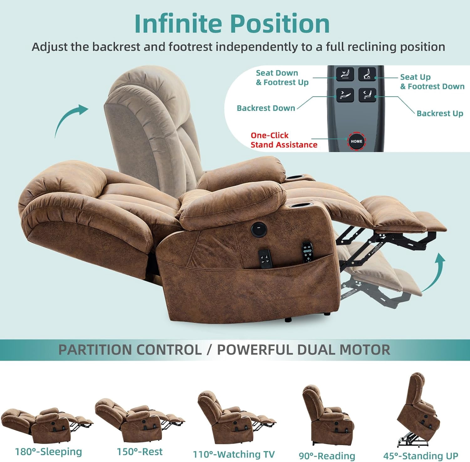 MEETWARM Oversized Dual Motor Lay Flat Power Lift Recliner Chair for Big Elderly with Heat Massage, Large Sleeping Electric Recliner with Extended Footrest, Lumbar Pillow, USB & Type-C Ports, Brown